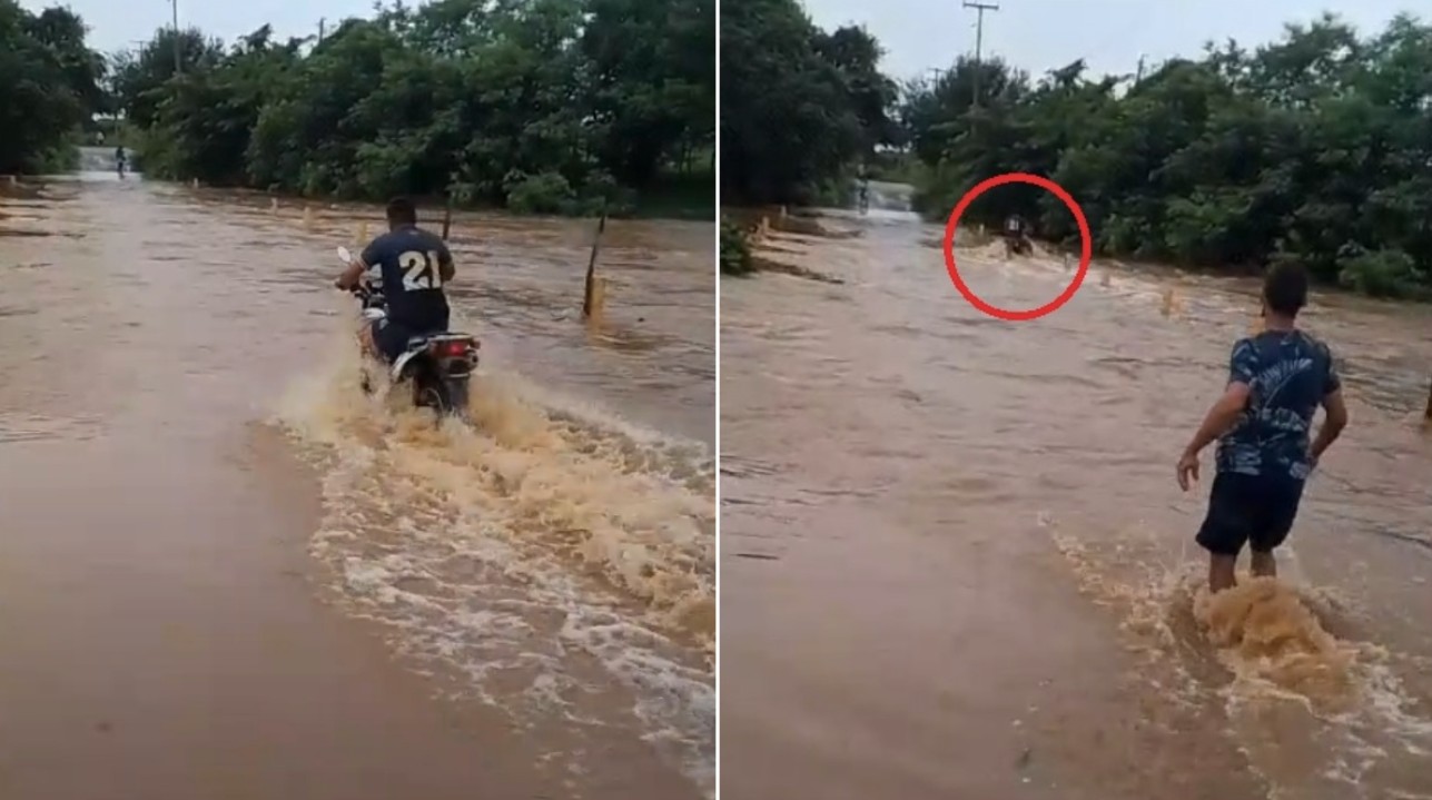 Motociclista tenta cruzar ponte e é arrastado por correnteza no Ceará; vídeo