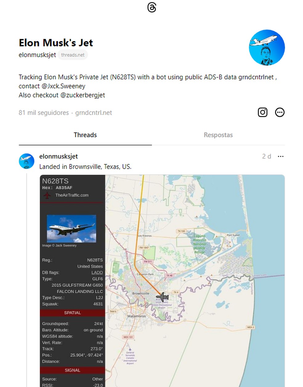 Perfil 'elonmusksjet' criado no Threads  — Foto: Reprodução/Threads 