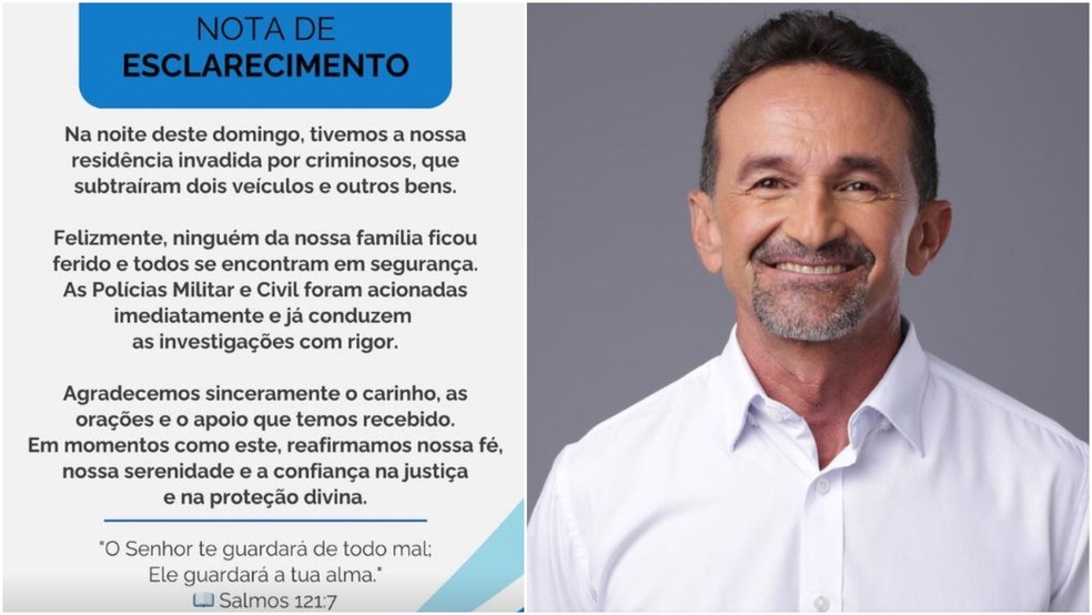 Prefeito da cidade de Acarape, Edilberto Bezerra (PSB), teve a casa invadida por criminosos durante um assalto na noite deste domingo (15). &mdash; Foto: Instagram/ Reprodu&ccedil;&atilde;o