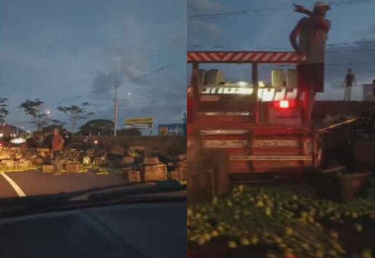 Caminhão carregado de laranja tomba e interdita Rodovia Washington Luís em Mirassol