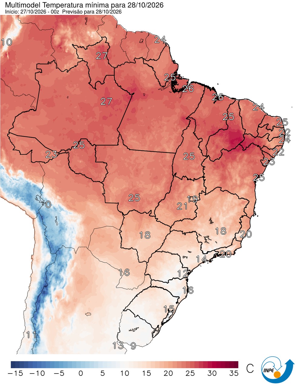 Temperaturas mínimas previstas para esta quarta (28/10) em todo o Brasil. — Foto: CPTEC/Inpe