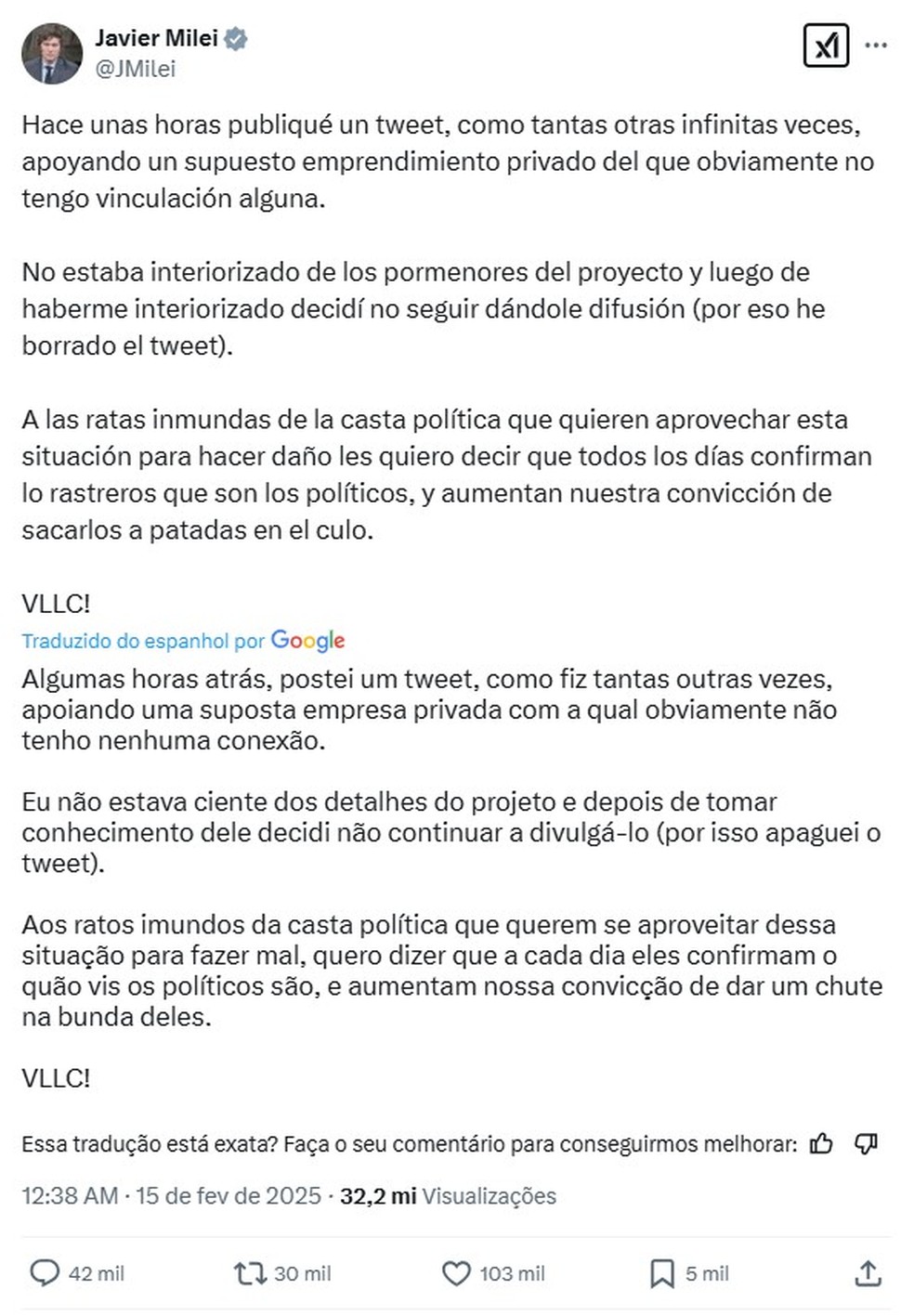Tweet de Milei após a polêmica — Foto: Reprodução/X