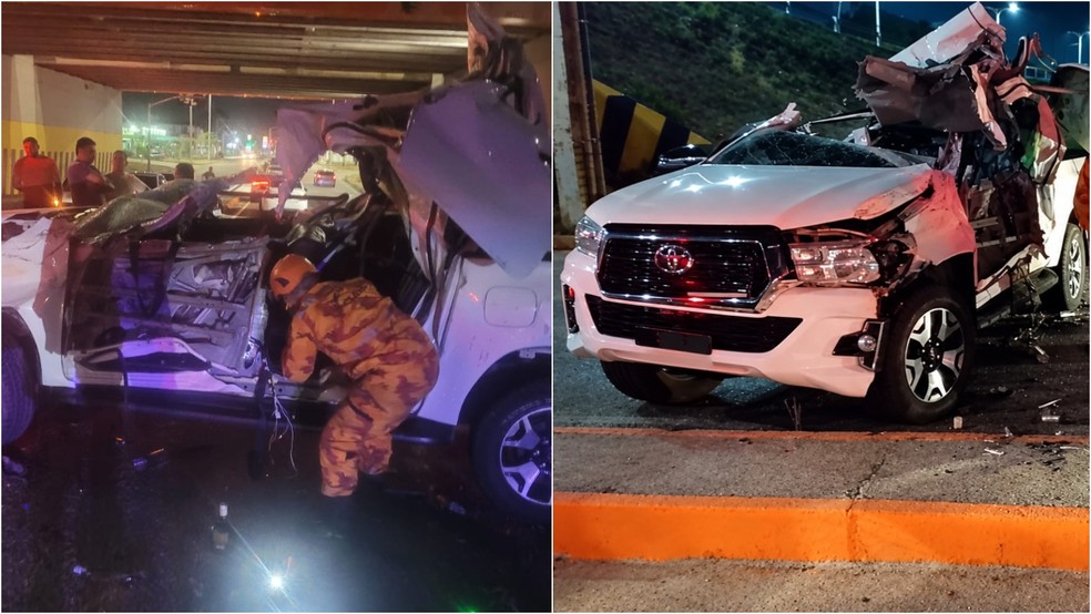 Duas pessoas foram arremessadas do carro e outras duas ficaram presas às ferragens. — Foto: Reprodução.