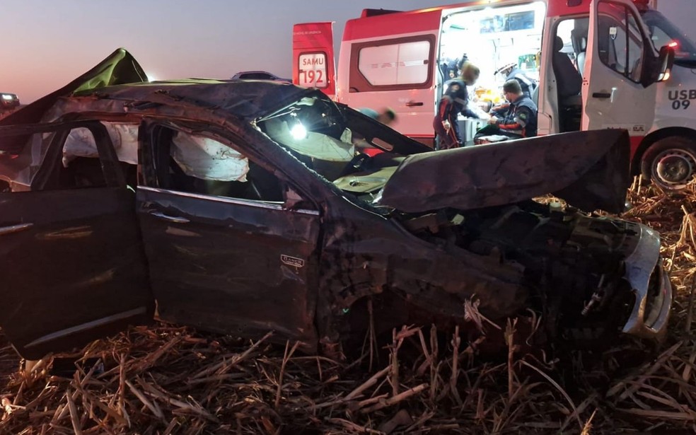Carro fica destruído após atingir javali, sair da pista e capotar, em Goiás — Foto: Divulgação/Corpo de Bombeiros