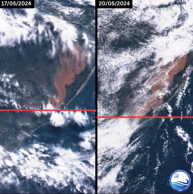 Imagens de satélite mostram mancha de sedimentos indo do Guaíba para a Lagoa dos Patos