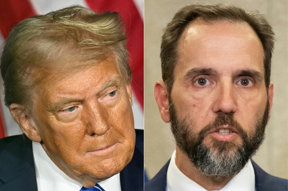 Donald Trump e o promotor especial Jack Smith.  — Foto: Saul Leeb, Jim Watson/AFP