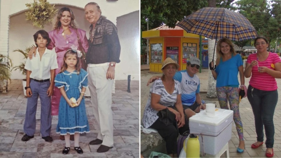 Elisier com a família e na Beira Mar, com o isopor onde costumava levar iguarias para vender no calçadão — Foto: Arquivo pessoal
