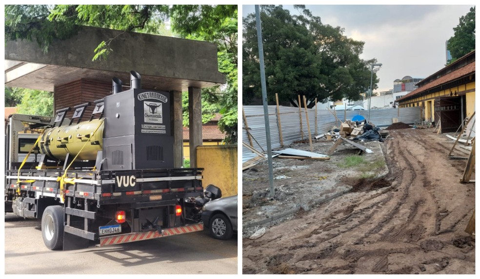 Chegada de caminhão com churrasqueira para o restaurante que vai ficar dentro do prédio do Parque da Água Branca, que passa por obras do lado de fora da antiga cocheira. — Foto: Reprodução