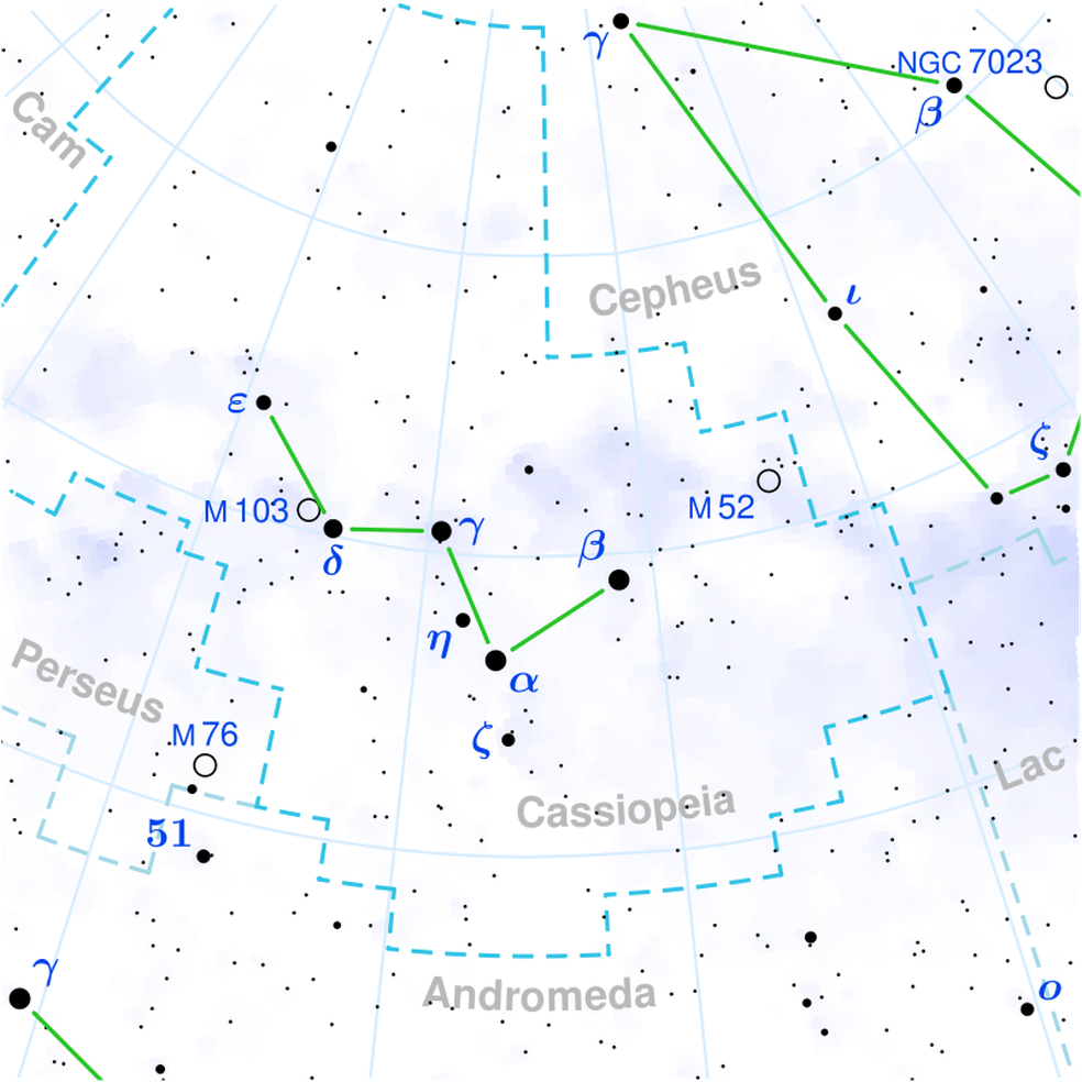 Constelação de Cassiopeia, na forma da letra 'w', ao lado esquerdo da constelação de Perseus. — Foto: Reprodução/Wikipedia