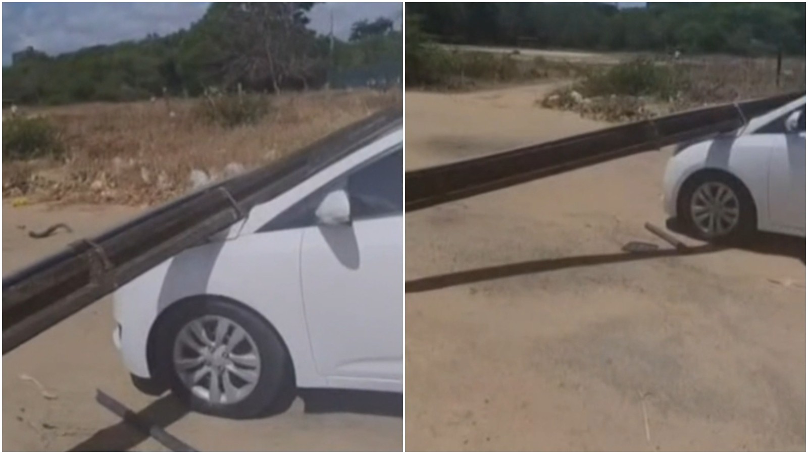 Do nada, poste cai sobre carro e dona do veículo fica no prejuízo