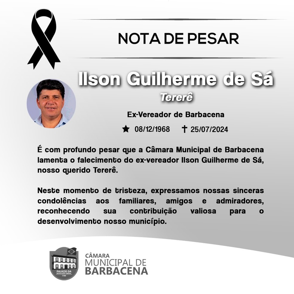Nota de pesar da Câmara de Barbacena  — Foto: Câmara de Barbacena/Divulgação