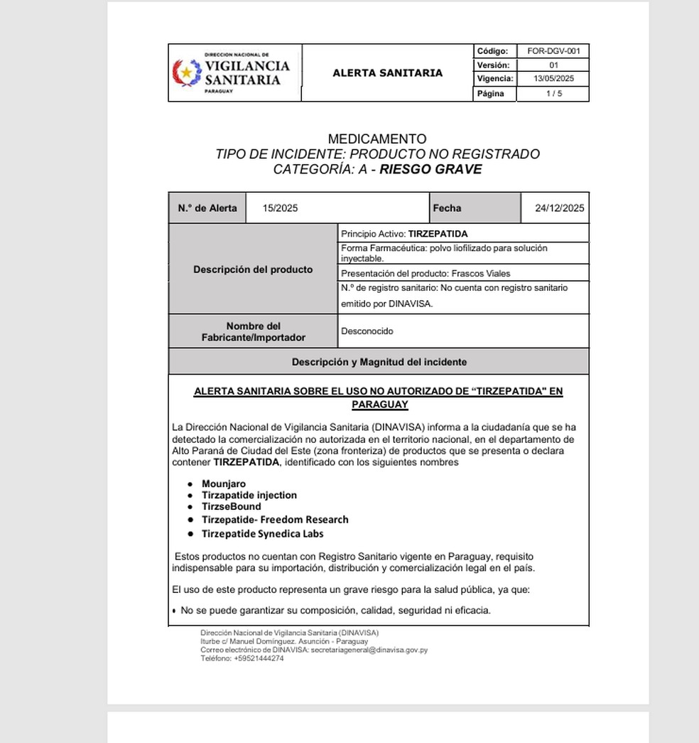 Vigilância Sanitária do Paraguai emitiu alerta no fim do ano passado — Foto: Reprodução