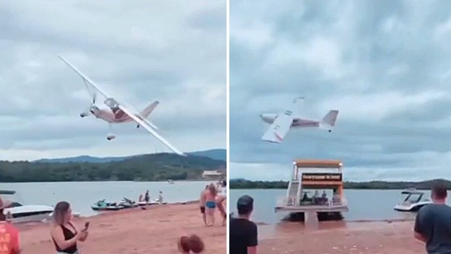 Avio d rasante e surpreende banhistas s margens de lago em Gois