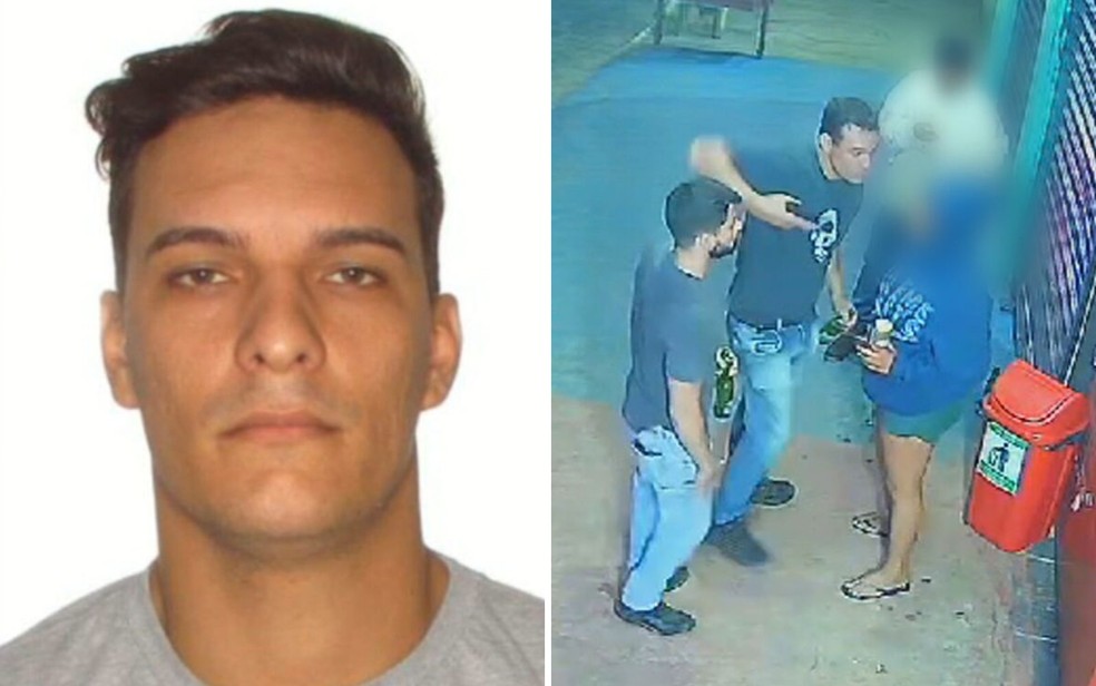 Policial penal Eiryan Valadão e momento em que ele e o amigo agridem mulher na porta de distribuidora, em Senador Canedo — Foto: Reprodução/TV Anhanguera