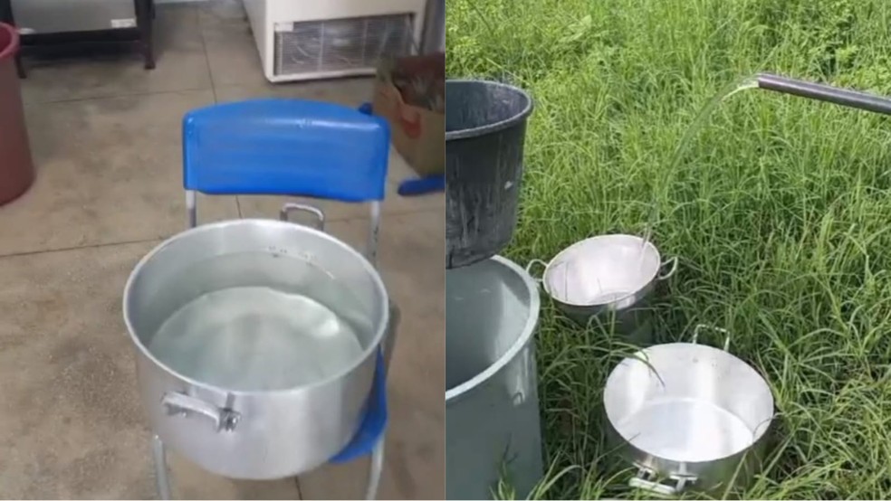 Escola em Granjeiro precisou pegar água com vizinhos para evitar cancelar aulas, no Ceará. — Foto: Reprodução