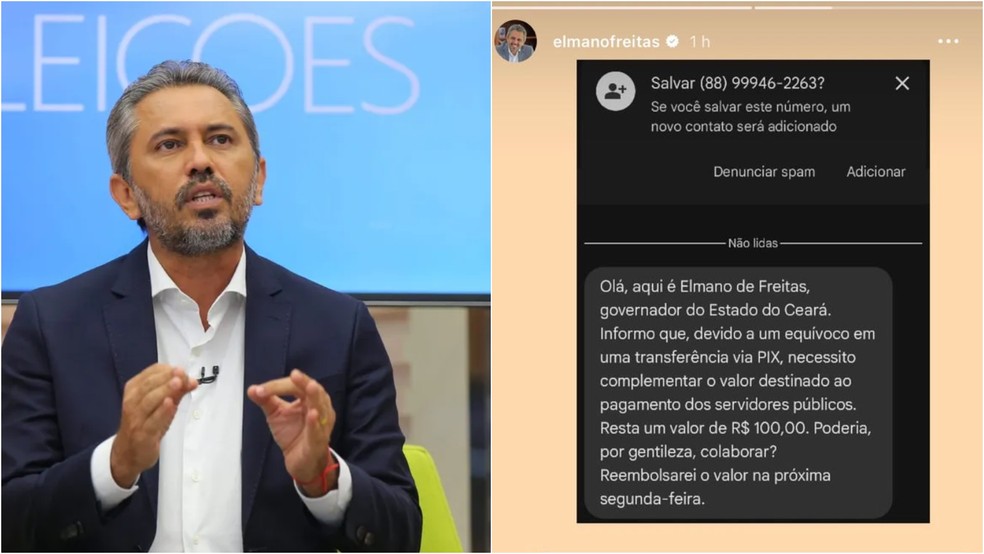 Golpista pede dinheiro em nome de Elmano de Freitas. — Foto: Fabiane de Paula/SVM e Reprodução/Redes Sociais