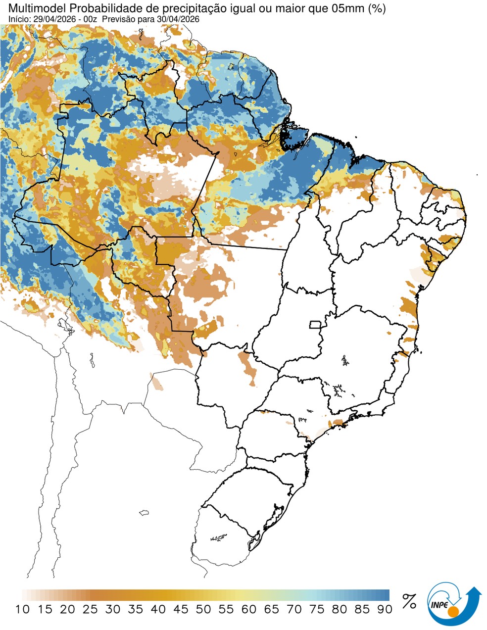Probabilidade de chuva nesta quinta (30) em todo o Brasil. — Foto: CPTEC/Inpe