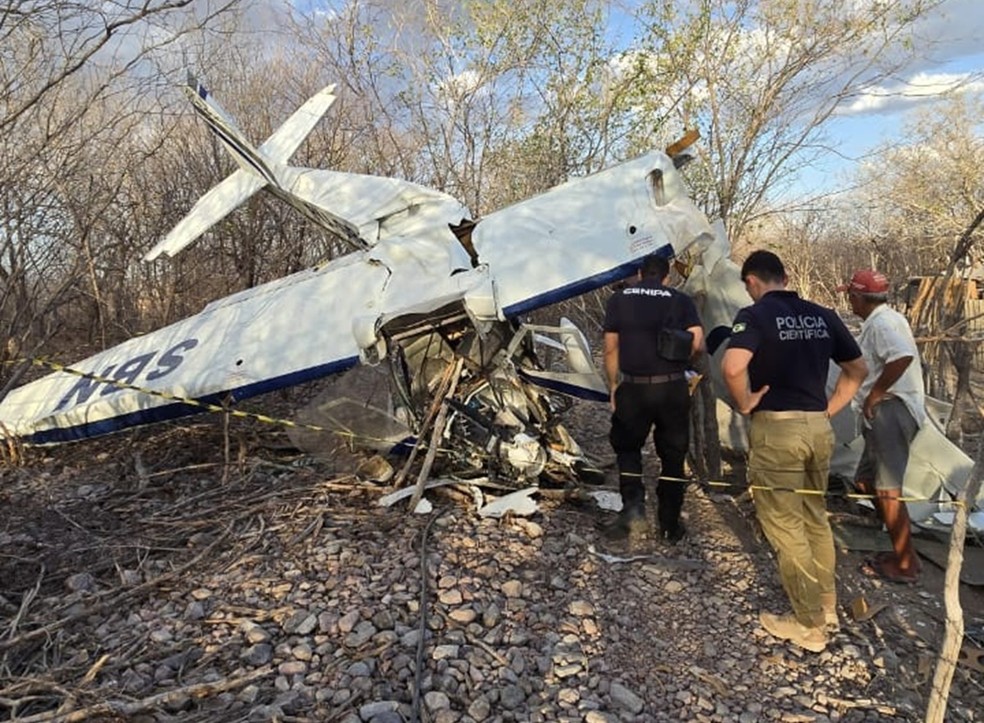 Perícia no avião monomotor que caiu em Pau dos Ferros, no Alto Oeste potiguar — Foto: PCI-RN/Divulgação