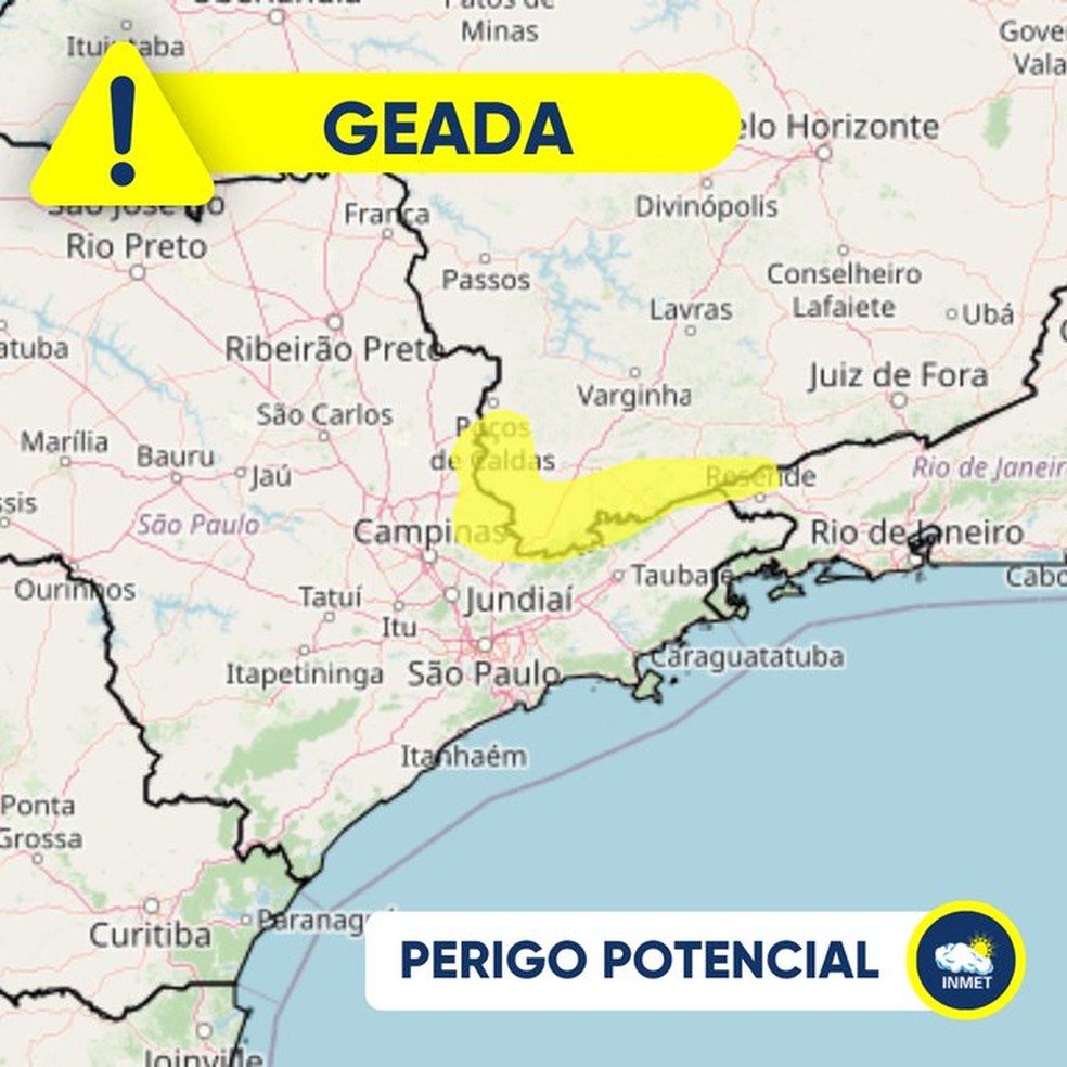 Previsão de geada em estados do Sudeste para este sábado (15) — Foto: Inmet