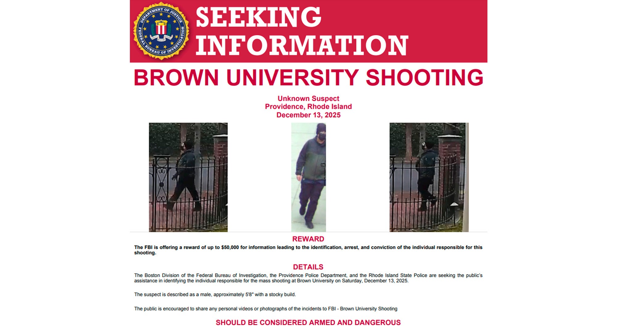 Ataque na Universidade Brown: FBI oferece recompensa de US$ 50 mil por informações sobre atirador