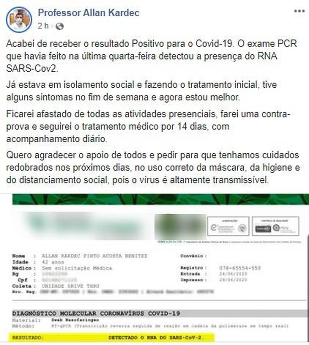 Secretário postou resultado do exame — Foto: Facebook/Reprodução