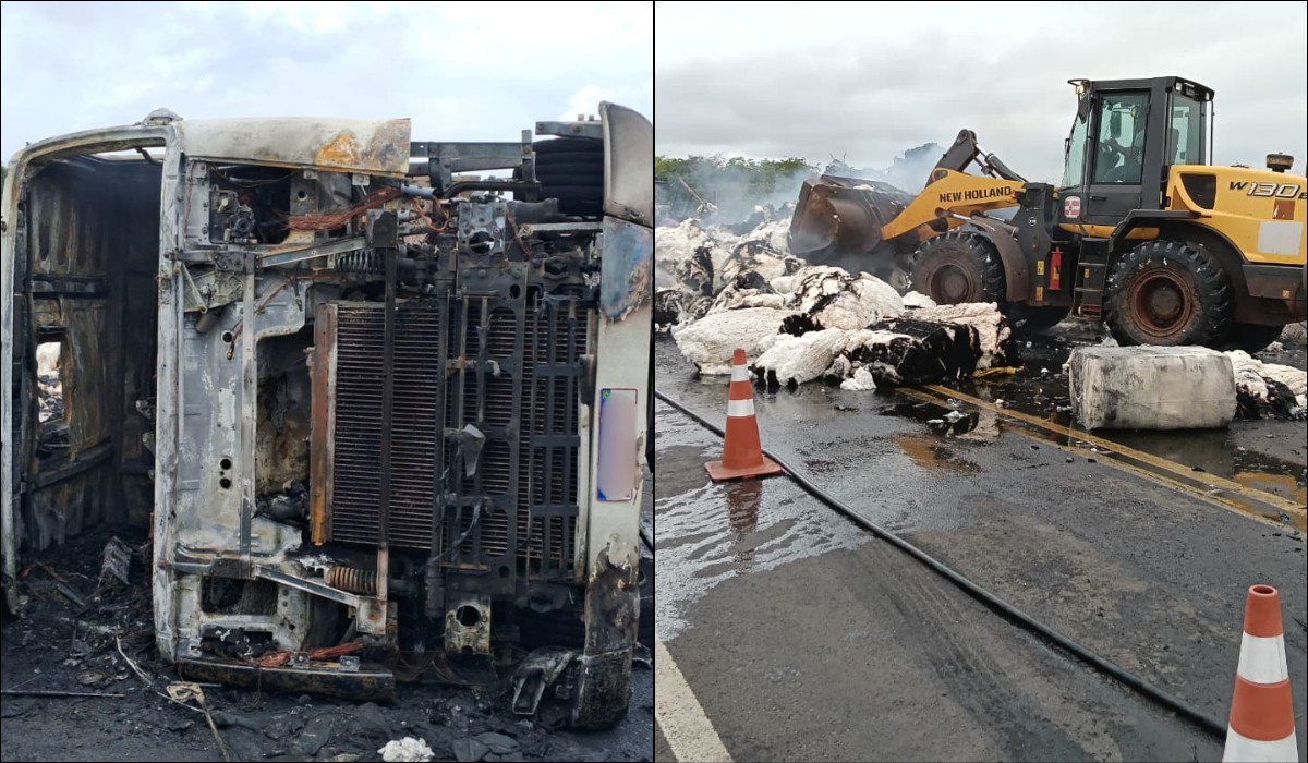 Caminhão com carga de algodão tomba e pega fogo em rodovia de Nantes