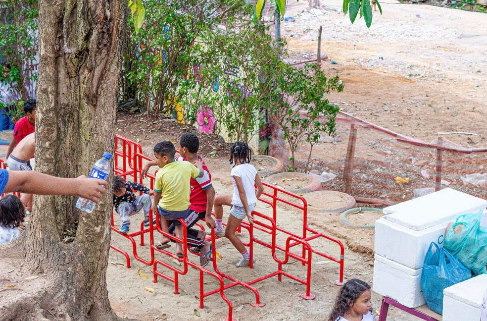 Em 2018, g1 mostrou outro projeto de Ester Carro no Jardim Colombo, que transformou um espaço de descarte de lixo em um local de convivência, com playground e horta — Foto: Arquivo pessoal
