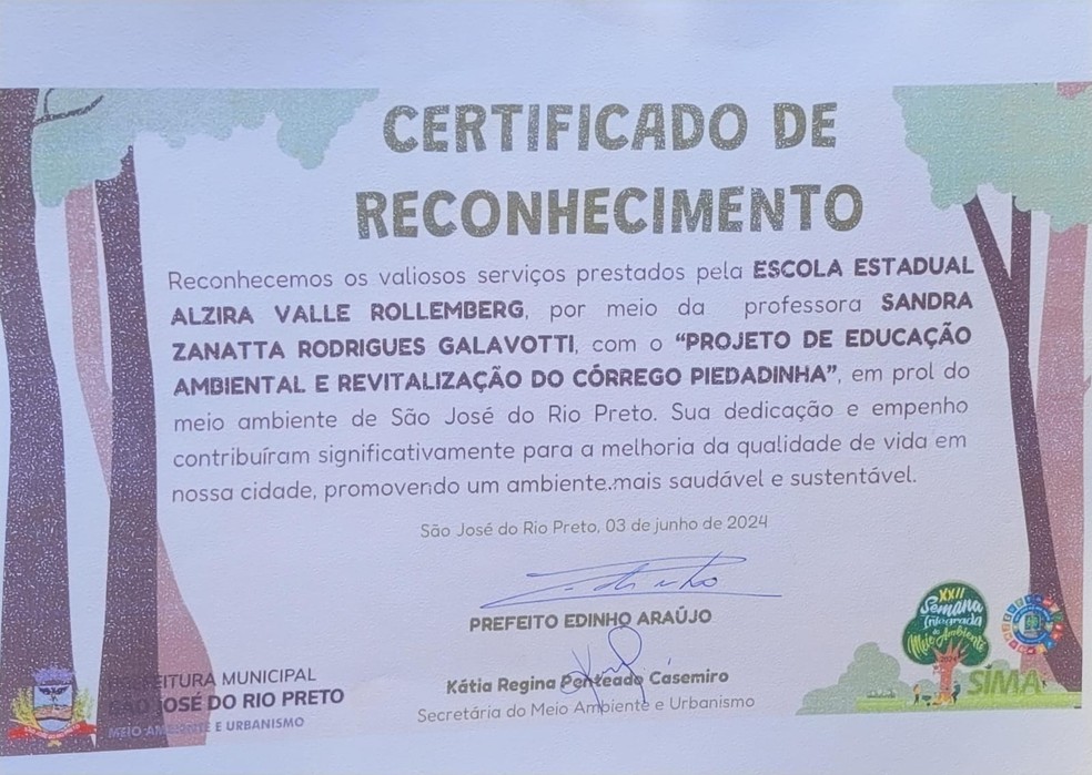 O projeto de revitalização do Córrego Piedadinha foi reconhecido em São José do Rio Preto(SP) — Foto: Divulgação