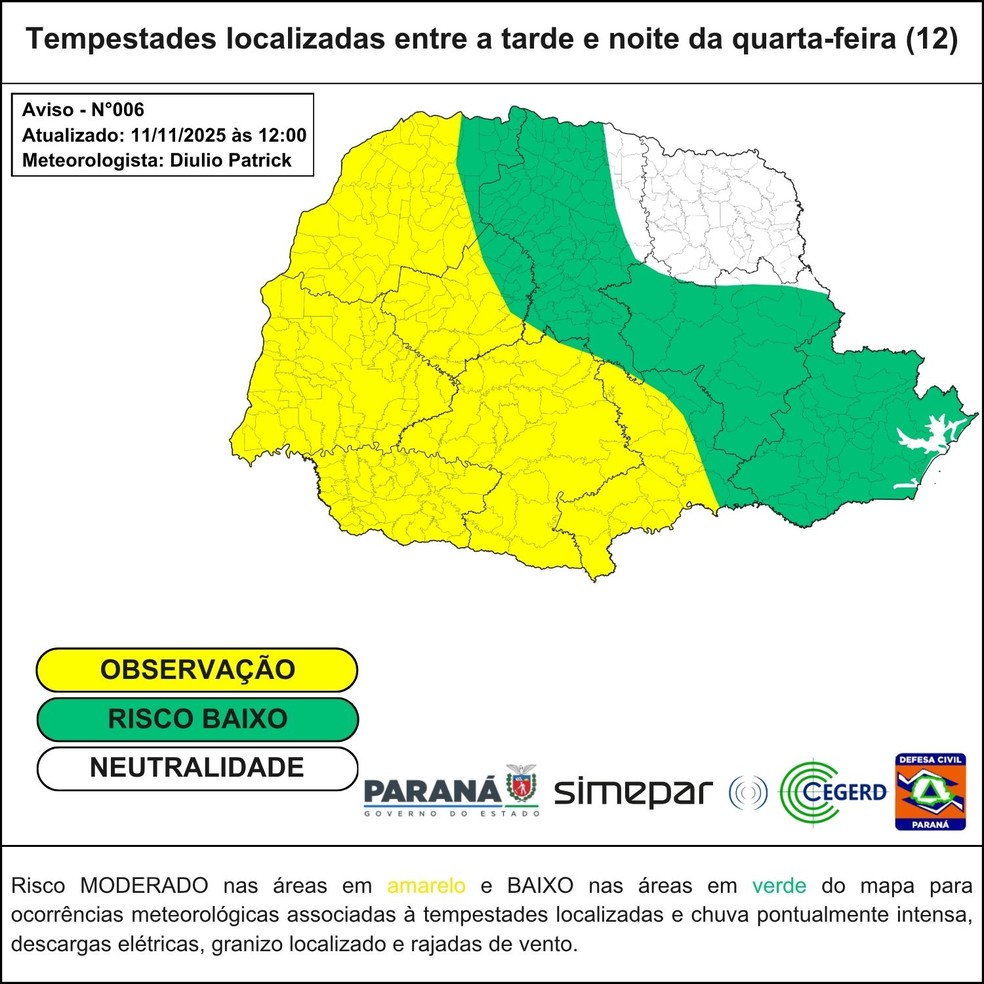 Mapa do Simepar para regiões que podem registrar tempestades localizadas. — Foto: Reprodução/Simepar