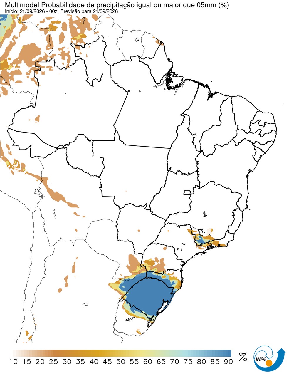 Previsão de chuva nesta segunda (21) em todo o país. — Foto: CPTEC/Inpe