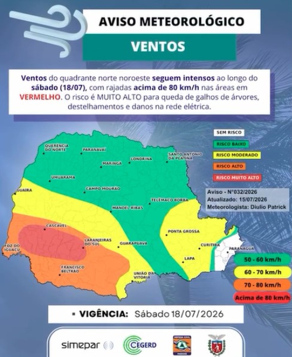 Aviso meteorológico para sábado (18) — Foto: Reprodução/Defesa Civil e Simepar