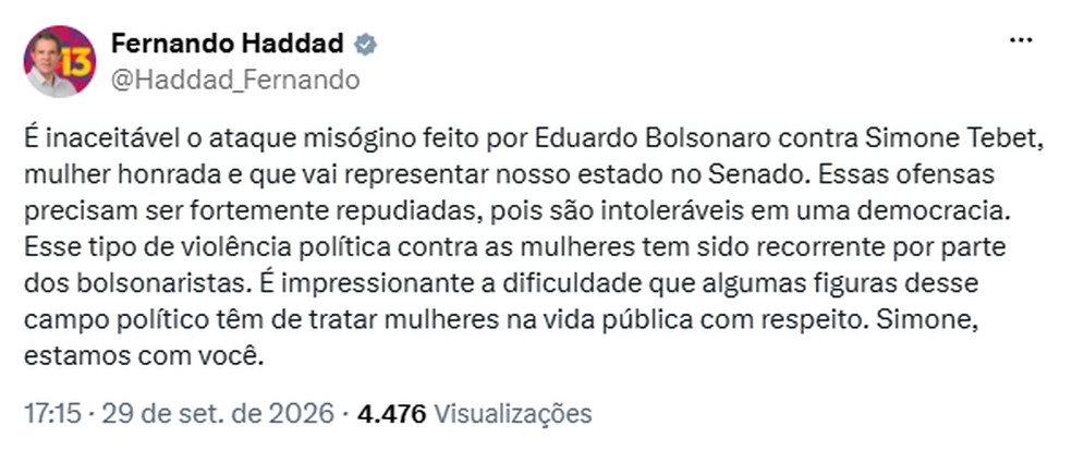 Fernando Haddad prestou solidariedade a Simone Tebet — Foto: Reprodução/X