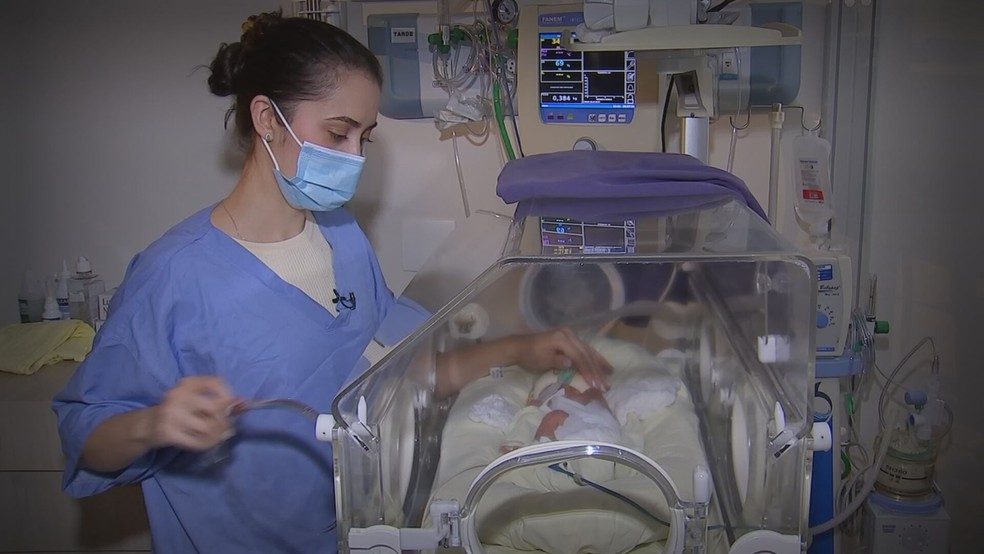 Fisioterapeutas como Daniele Carolina Marciano ajudam na respiração e posição dos bebês dentro da incubadora  — Foto: Reprodução/TV TEM