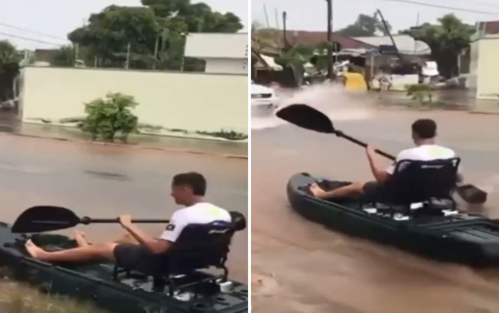 Jovem anda de caiaque em enxurrada, e vídeo diverte a web: 'Pode pescar'