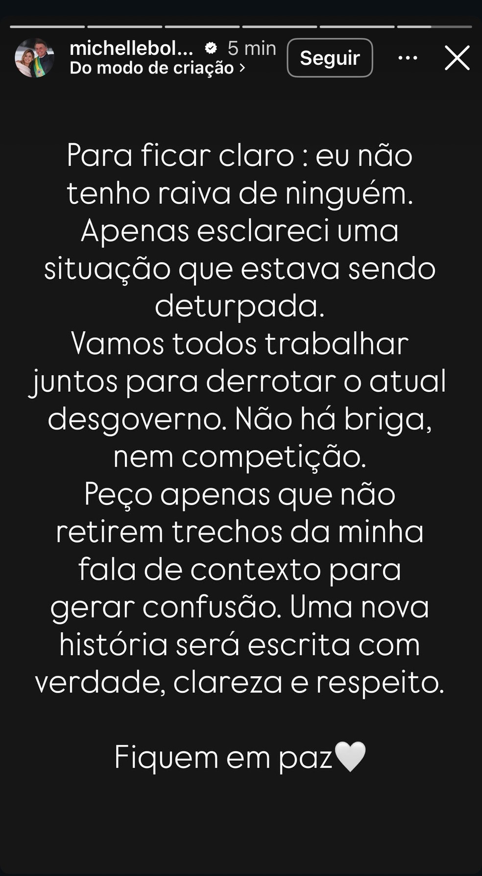 Michelle Bolsonaro publica story após atrito público com Flávio Bolsonaro e afirma que "não há briga" nem "competição" entre aliados. — Foto: Reprodução
