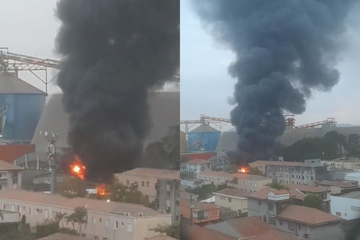 Incêndio atinge galpão de empresa de descupinização em Santos; VIDEO