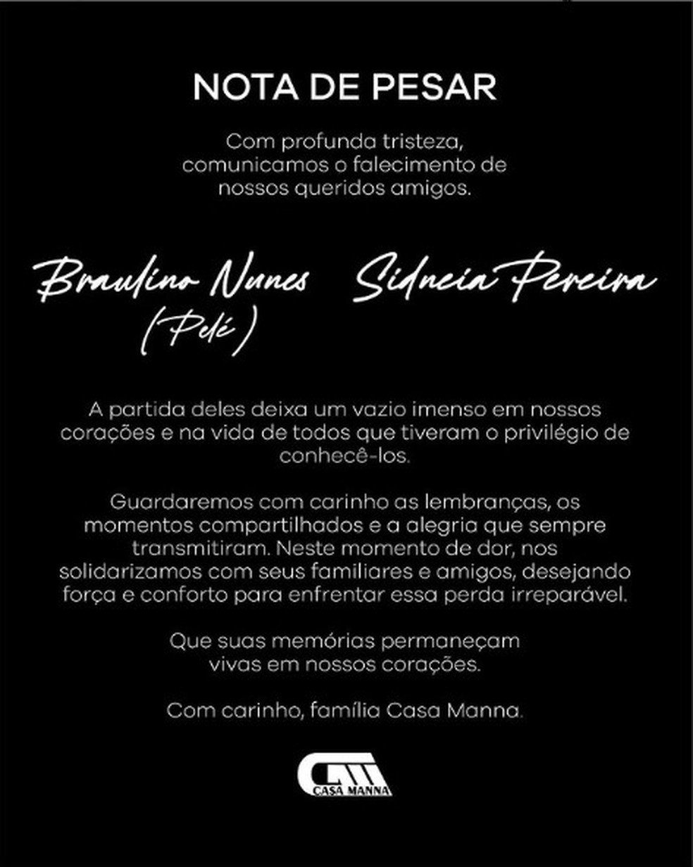 Nota de pesar, Braulino e Sidneia, Campina Verde — Foto: Casa Manna/Divulgação