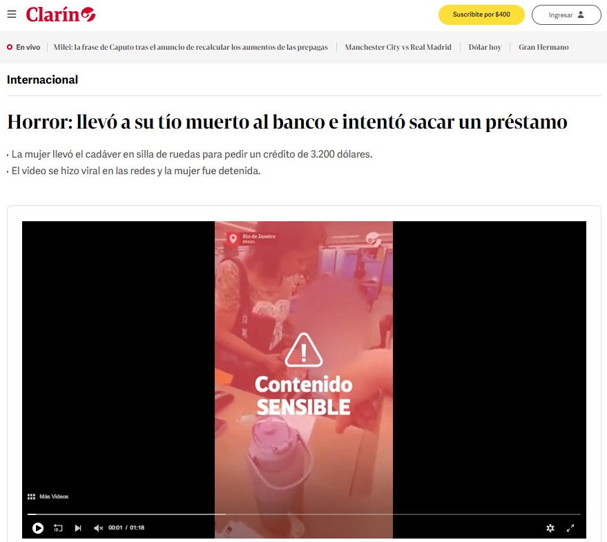 'Horror', 'chocante', 'inacreditável': imprensa internacional repercute caso de mulher que levou idoso morto ao banco para pegar empréstimo no Rio