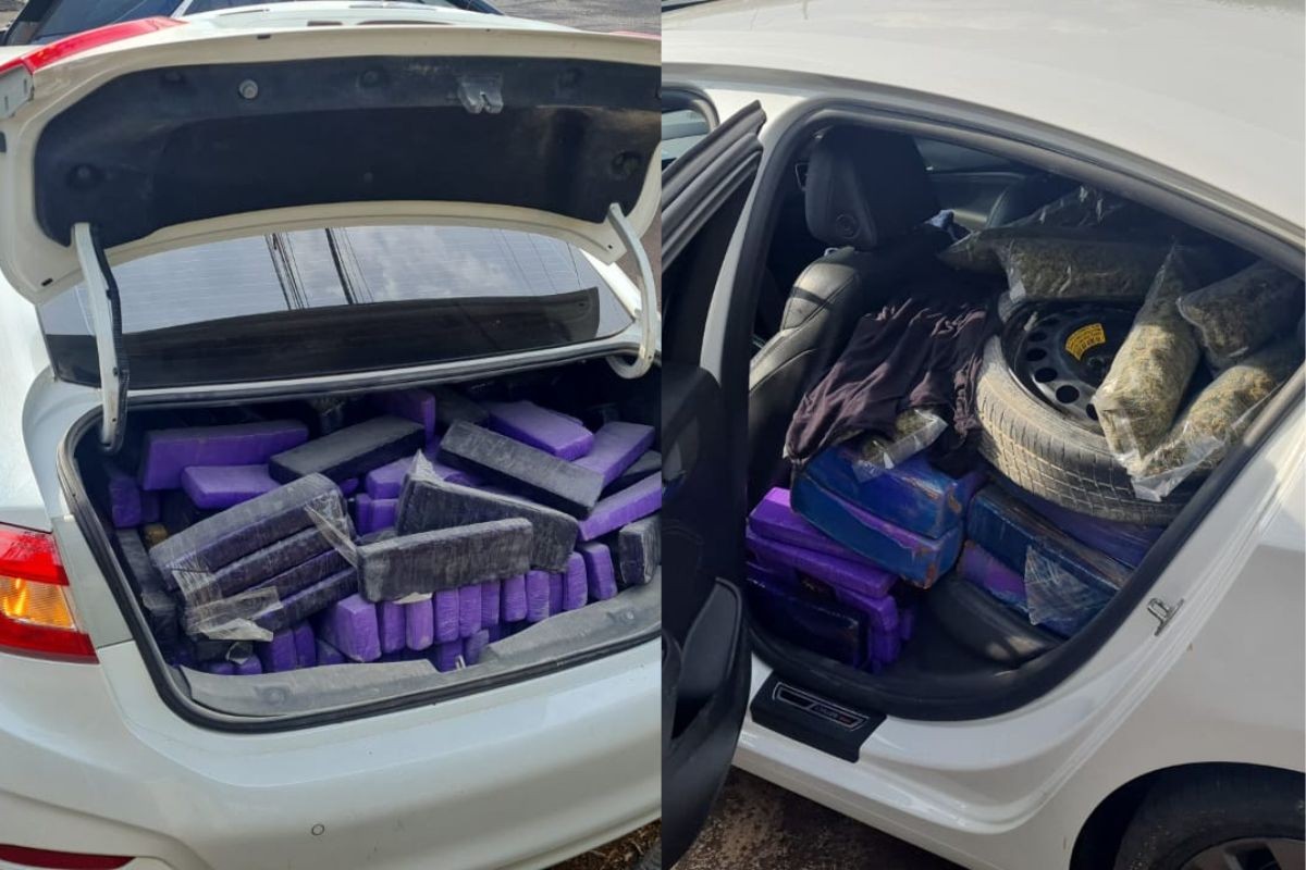 VÍDEO: Casal tenta fugir da polícia por 20 km, bate, fura pneu e é preso com carro roubado e carregado com quase 500 kg de droga, no Paraná