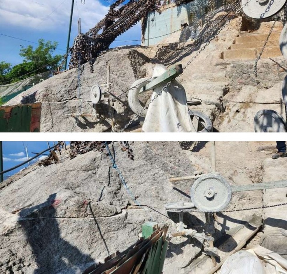 Início do corte de rocha com fio diamantado, no topo do Pão de Açúcar, com vistas a nivelar as estruturas do sistema de tirolesa, o que acarretou o derramamento de material composto por água e pós de rocha ao longo do pão de Açúcar. — Foto: Cláudia Espasandin / Iphan (17/01/2023)