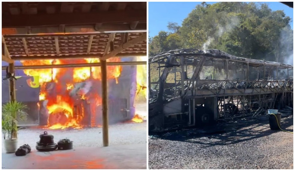 Imagens mostram veículo durante e depois do incêndio — Foto: Instagram/Reprodução