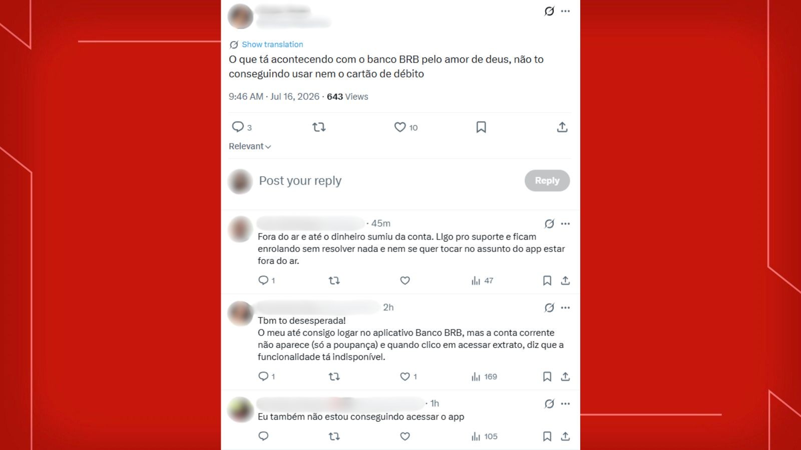 BRB enfrenta 'indisponibilidade parcial' em app; correntistas relatam saldo zerado e acesso negado