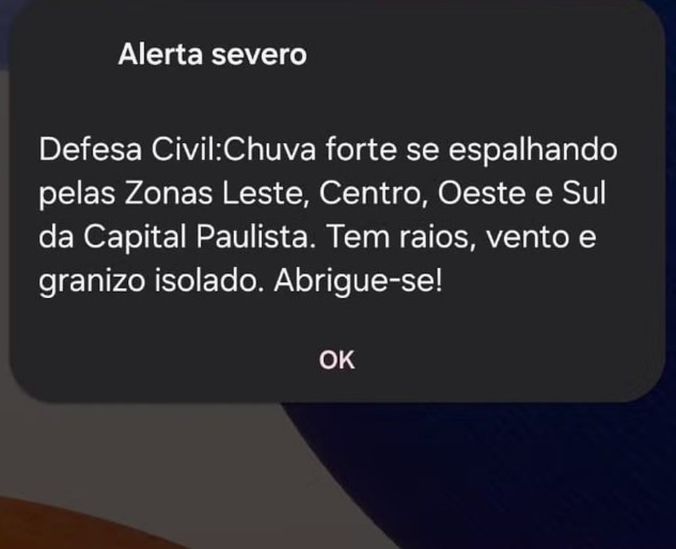 Alerta da Defesa Civil sobre chuva na capital paulista — Foto: Arquivo Pessoal