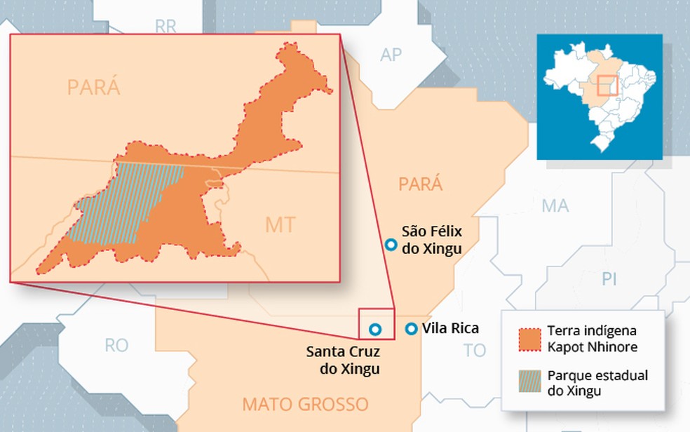 Mapa mostra região do Kapôt Nhinore e Parque do Xingu. — Foto: Agência Câmara