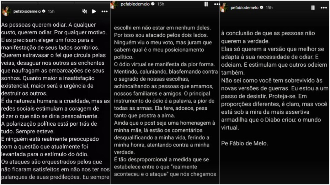 ‘A um passo de desistir’: Padre Fábio de Melo se pronuncia nas redes após polêmica em cafeteria