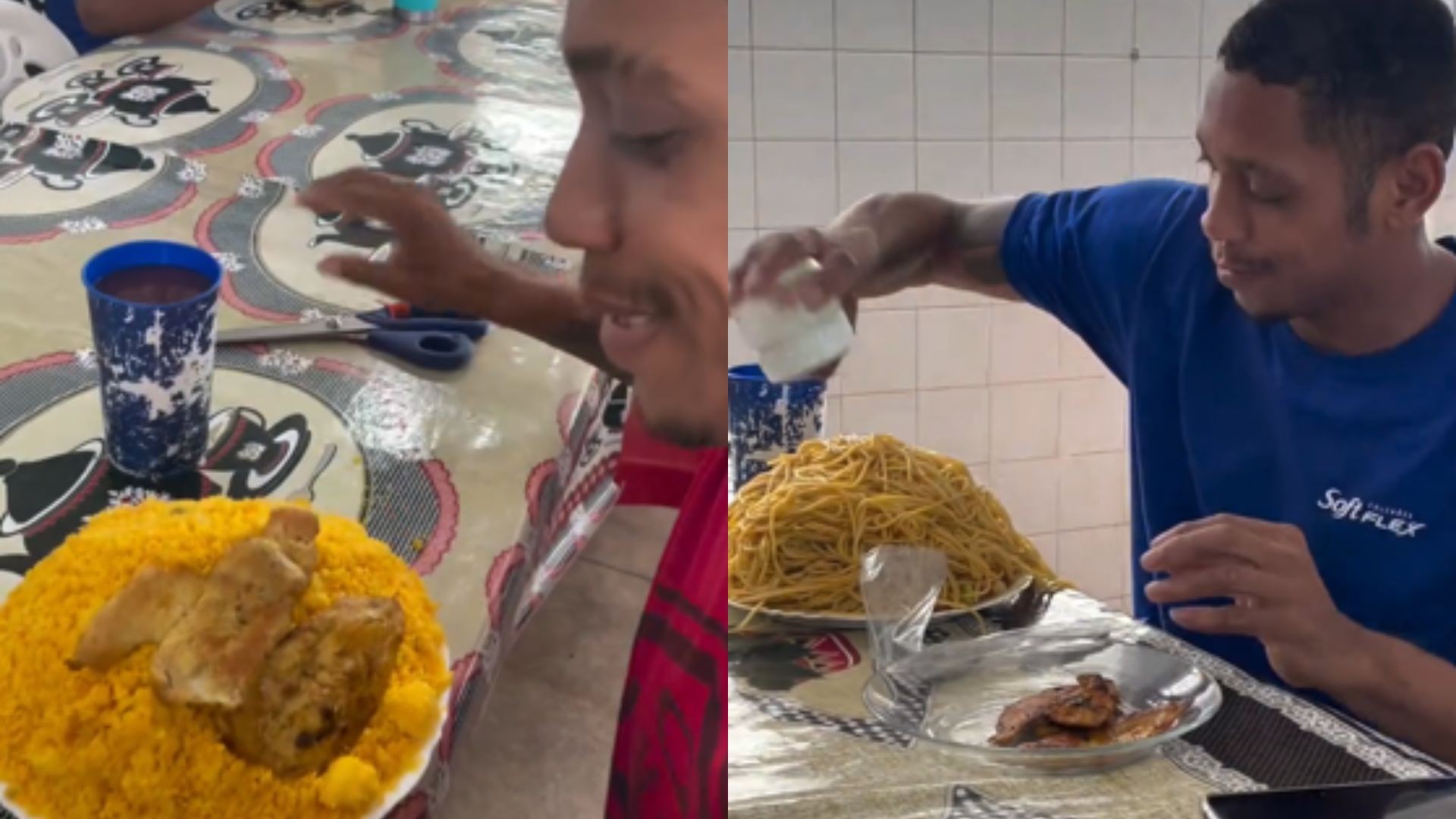 Macarrão, cuscuz e galinha: veja os pratos gigantes do trabalhador que viralizou comendo no refeitório da empresa
