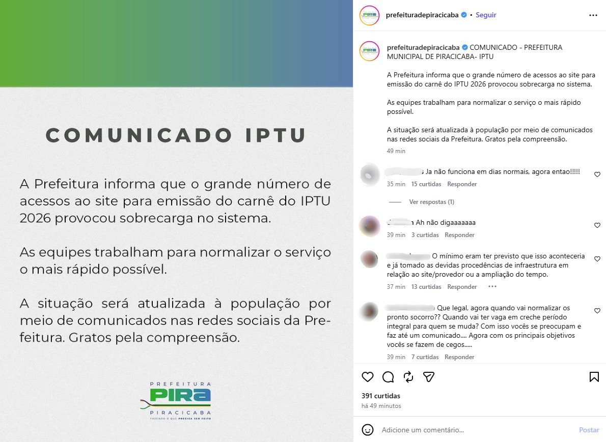 IPTU em Piracicaba: site sobrecarregado e filas na prefeitura marcam 1º dia para emissão de carnê