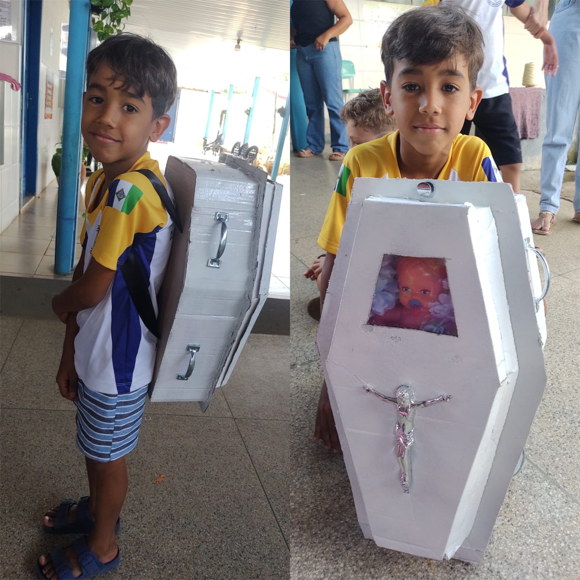 Menino leva 'mochila maluca' de caixão para escola em homenagem ao pai em RO