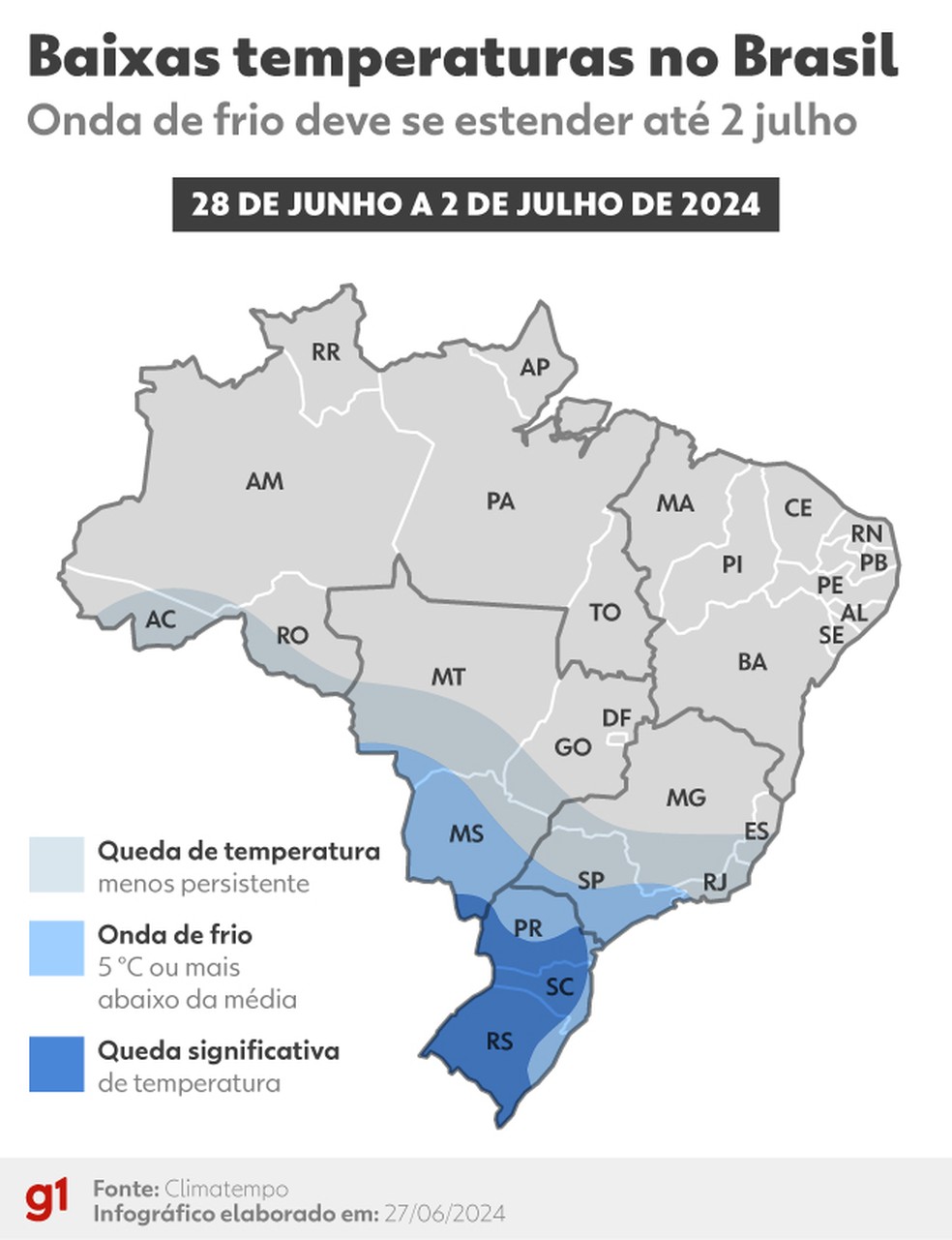 Brasil deve ter baixas temperaturas nos prximos dias. — Foto: Climatempo