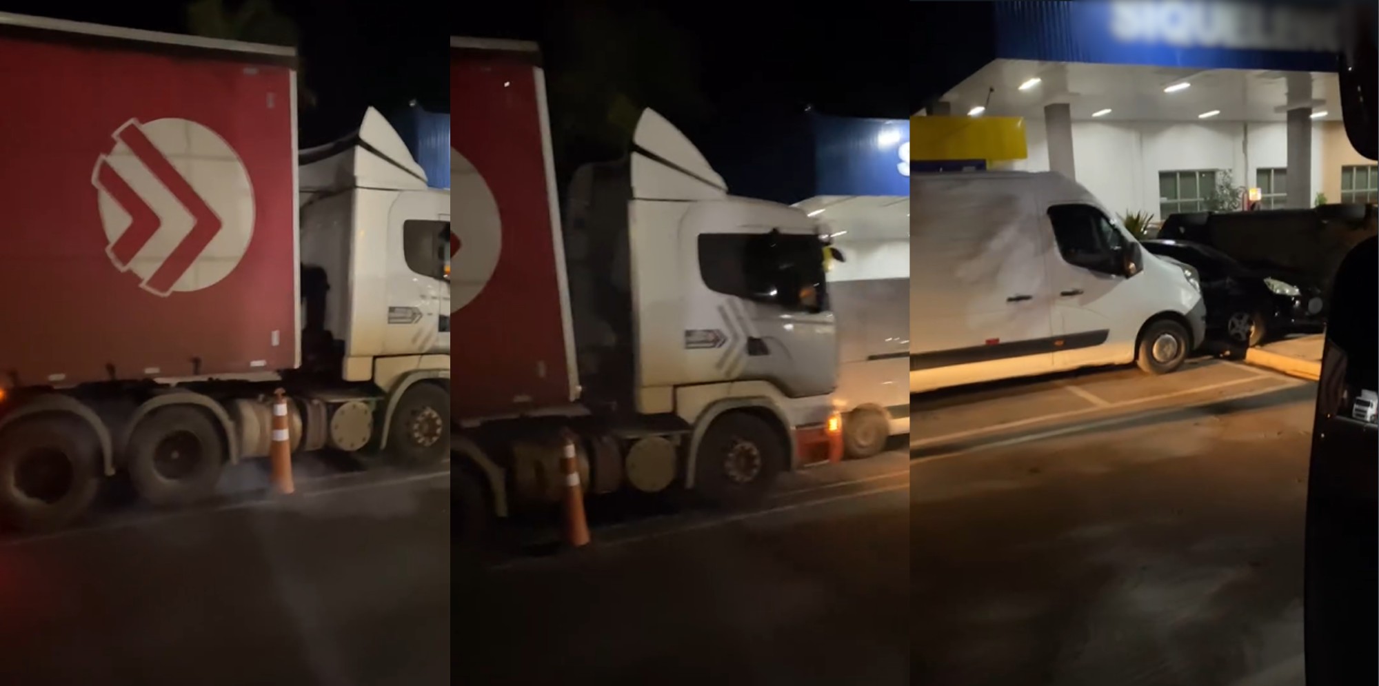 Carreta bate em três veículos estacionados próximo a posto de combustível em Itapetininga; vídeo